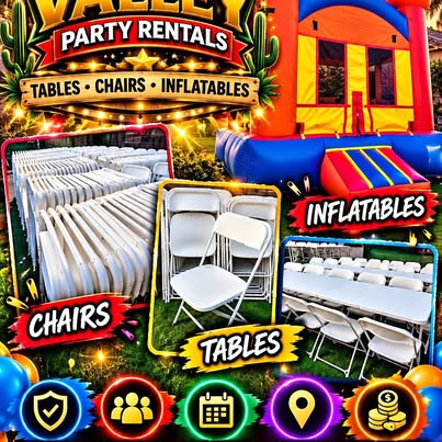 Valley Party Rentals equipment: bounce house, chairs and tables